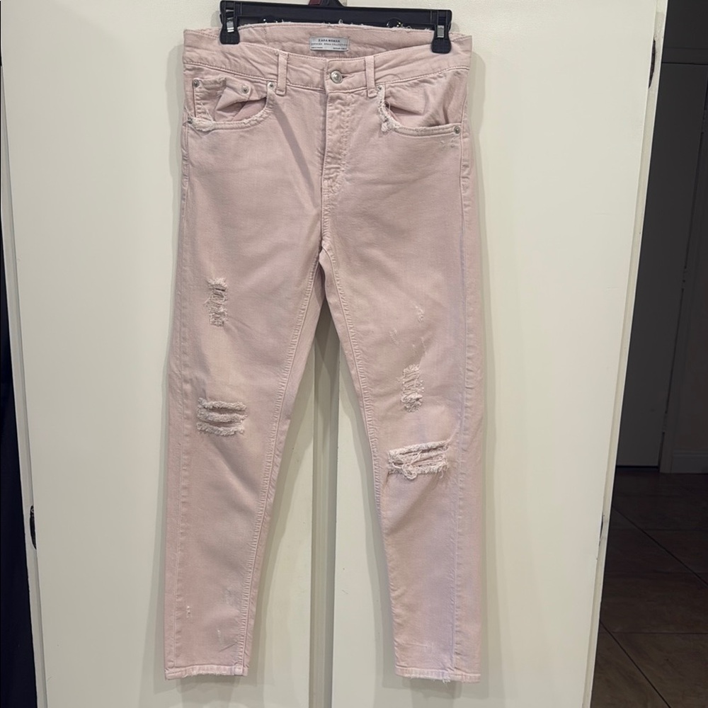 Zara Pink Ankle Cropped Distressed Jeans